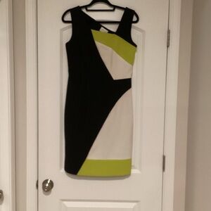 Milly Black, White & Lime Colorblock Midi Sheath Dress